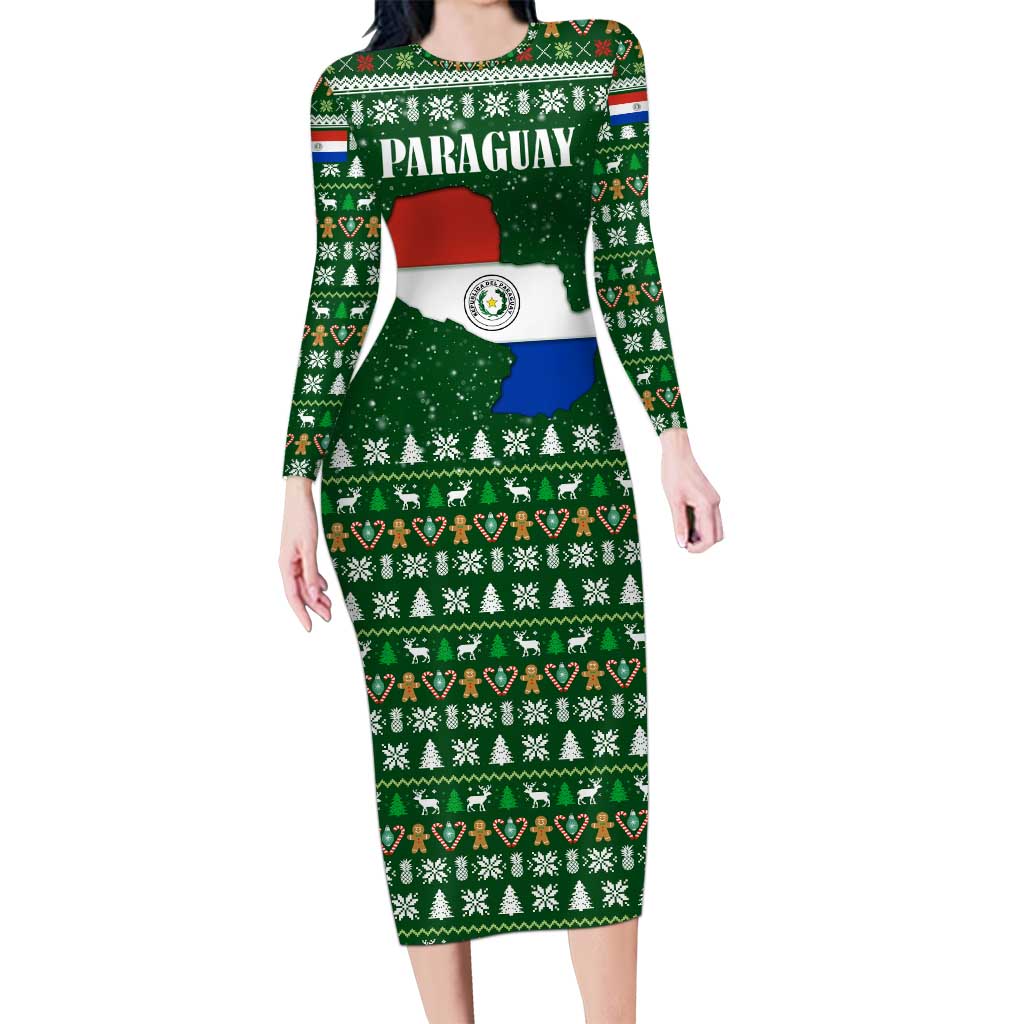 Paraguay Christmas Long Sleeve Bodycon Dress with Green Festive Pattern, Map and Flag Motif, and Santa Illustration - Wonder Print Shop