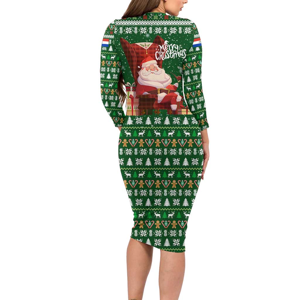 Paraguay Christmas Long Sleeve Bodycon Dress with Green Festive Pattern, Map and Flag Motif, and Santa Illustration - Wonder Print Shop