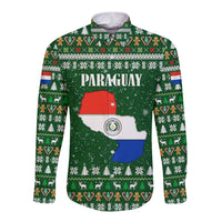 Paraguay Christmas Long Sleeve Button Shirt with Green Festive Pattern, Map and Flag Motif, and Santa Illustration - Wonder Print Shop