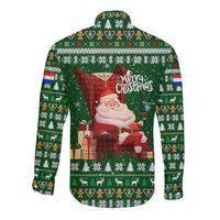 Paraguay Christmas Long Sleeve Button Shirt with Green Festive Pattern, Map and Flag Motif, and Santa Illustration - Wonder Print Shop