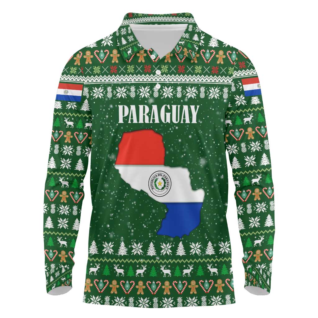 Paraguay Christmas Long Sleeve Polo Shirt with Green Festive Pattern, Map and Flag Motif, and Santa Illustration - Wonder Print Shop