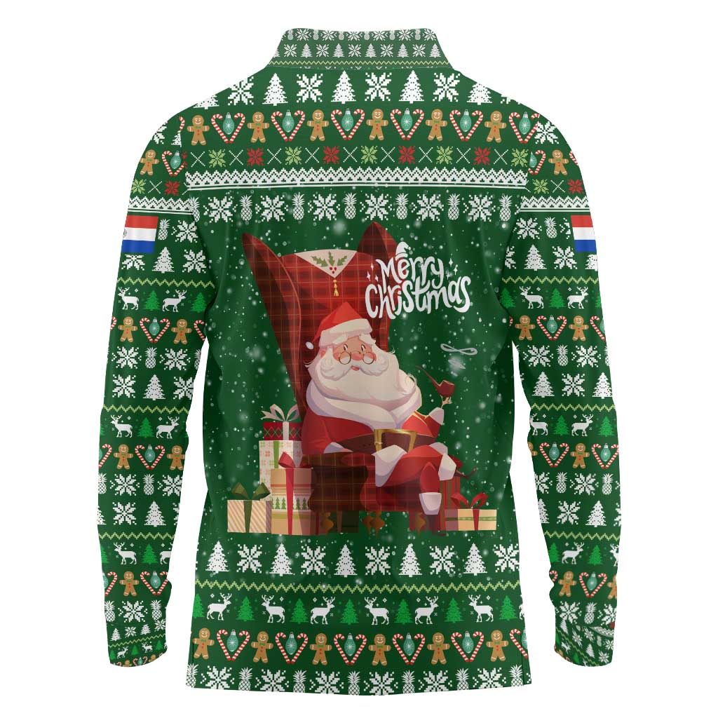 Paraguay Christmas Long Sleeve Polo Shirt with Green Festive Pattern, Map and Flag Motif, and Santa Illustration - Wonder Print Shop