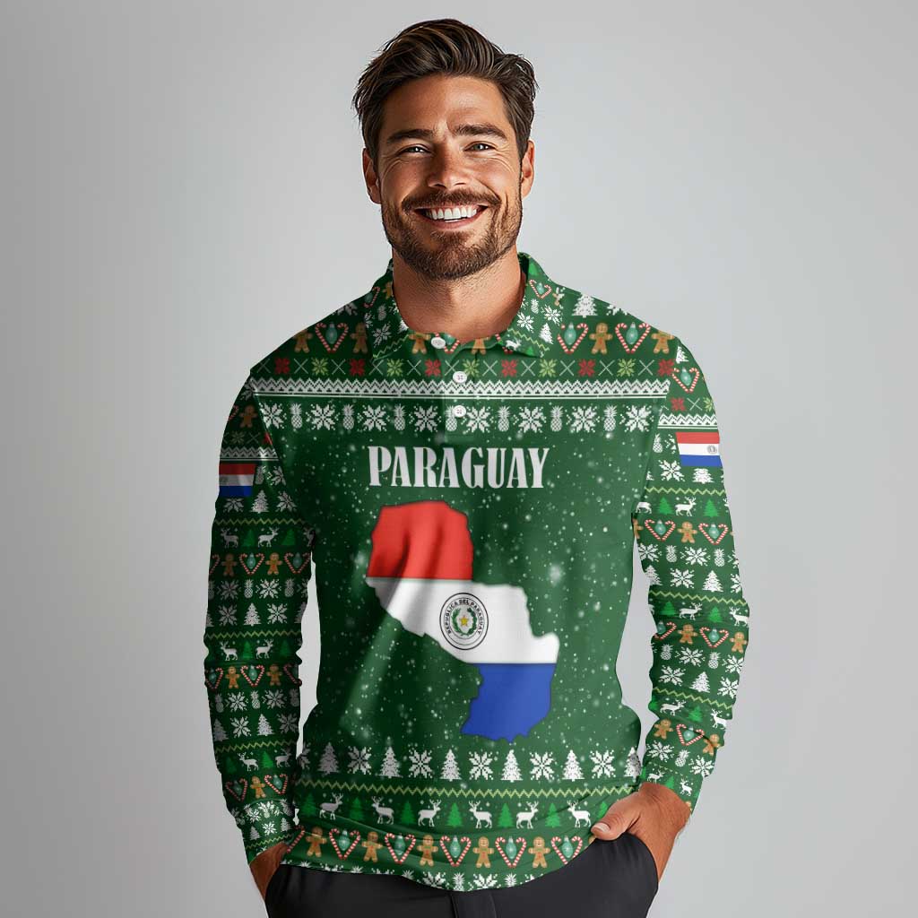 Paraguay Christmas Long Sleeve Polo Shirt with Green Festive Pattern, Map and Flag Motif, and Santa Illustration - Wonder Print Shop