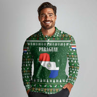 Paraguay Christmas Long Sleeve Polo Shirt with Green Festive Pattern, Map and Flag Motif, and Santa Illustration - Wonder Print Shop