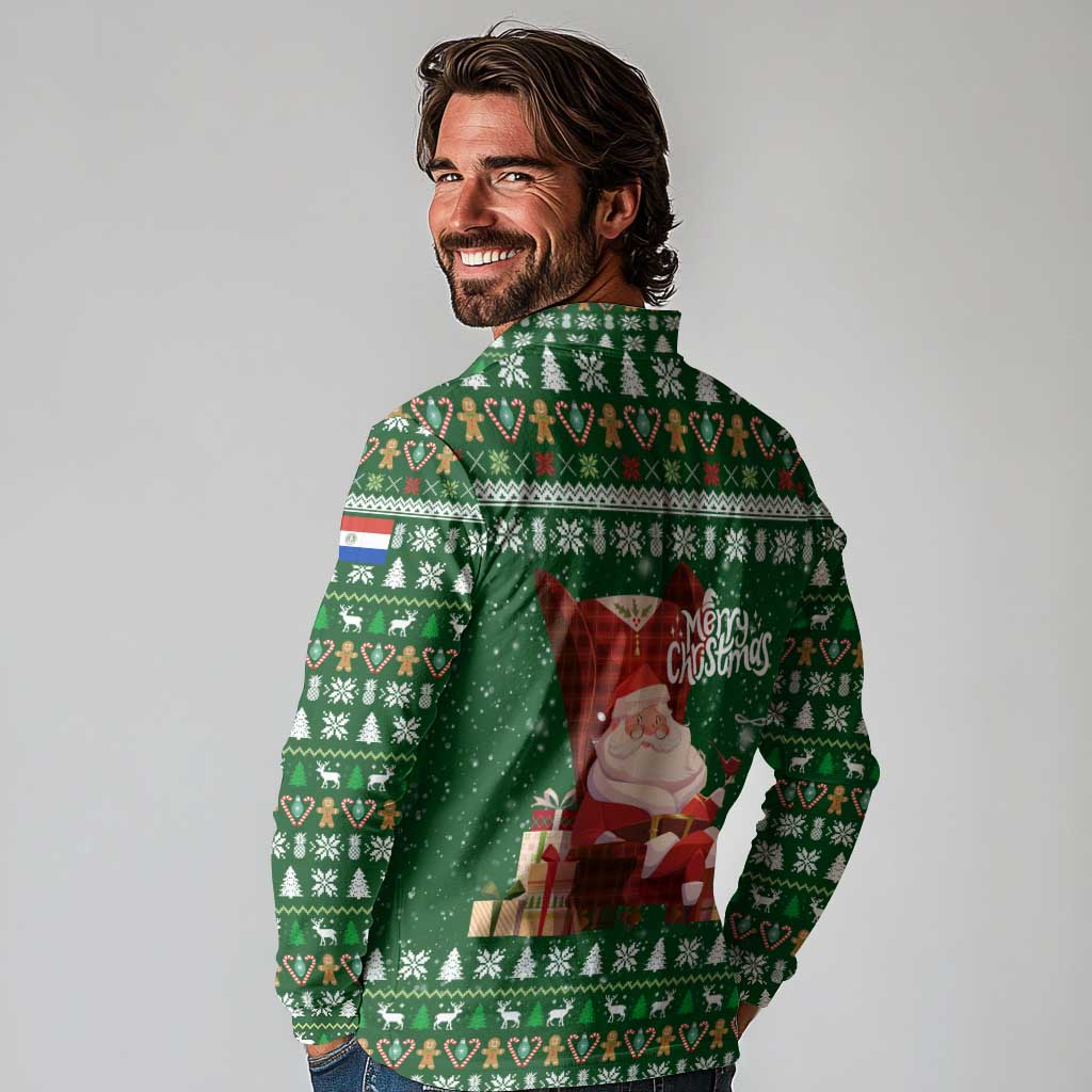 Paraguay Christmas Long Sleeve Polo Shirt with Green Festive Pattern, Map and Flag Motif, and Santa Illustration - Wonder Print Shop