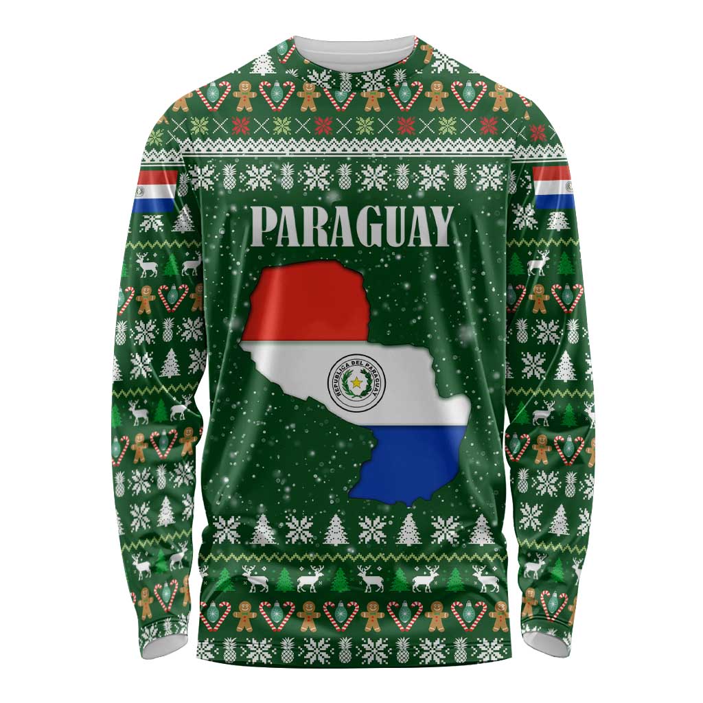 Paraguay Christmas Long Sleeve Shirt with Green Festive Pattern, Map and Flag Motif, and Santa Illustration - Wonder Print Shop