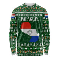 Paraguay Christmas Long Sleeve Shirt with Green Festive Pattern, Map and Flag Motif, and Santa Illustration - Wonder Print Shop