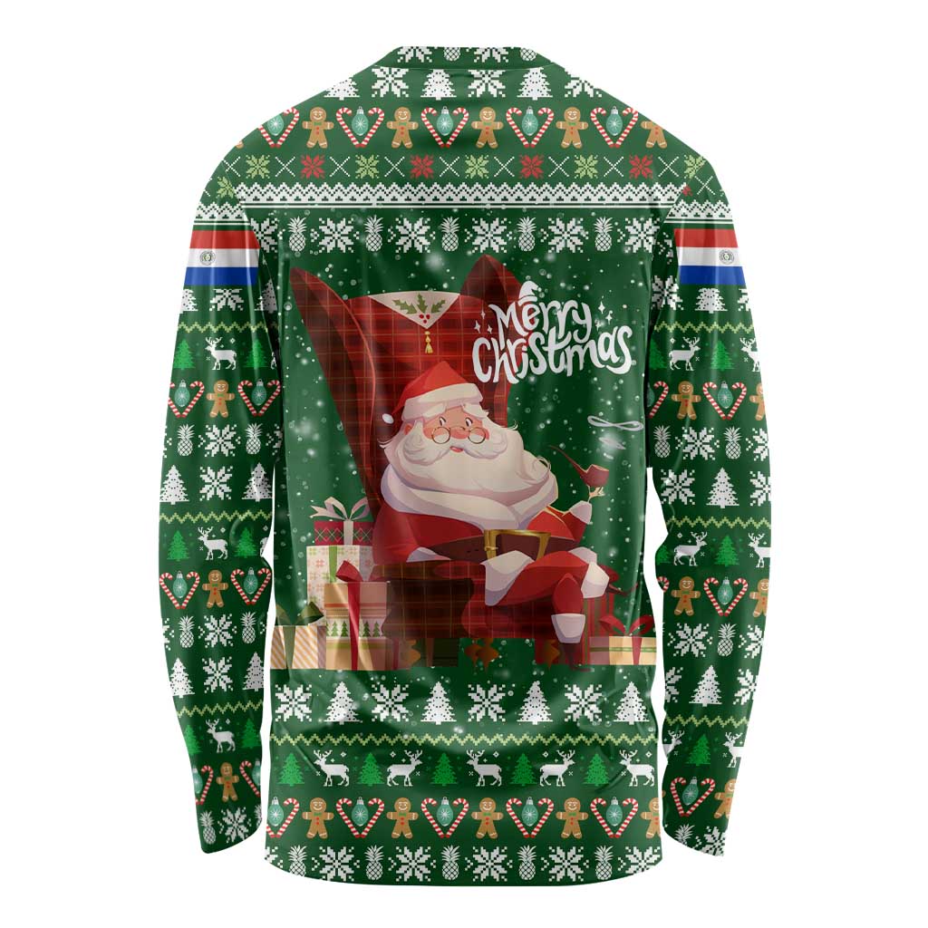 Paraguay Christmas Long Sleeve Shirt with Green Festive Pattern, Map and Flag Motif, and Santa Illustration - Wonder Print Shop