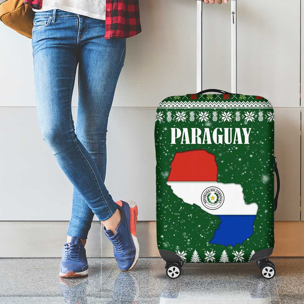 Paraguay Christmas Luggage Cover with Green Festive Pattern, Map and Flag Motif, and Santa Illustration - Wonder Print Shop