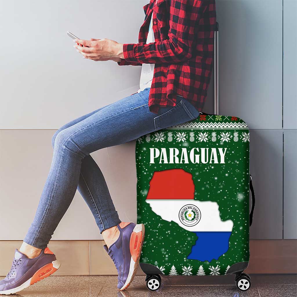 Paraguay Christmas Luggage Cover with Green Festive Pattern, Map and Flag Motif, and Santa Illustration - Wonder Print Shop