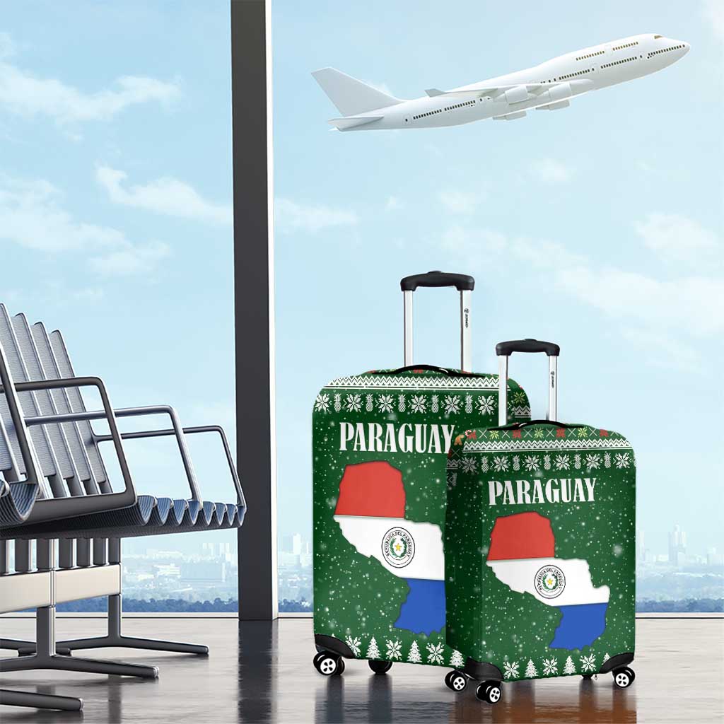 Paraguay Christmas Luggage Cover with Green Festive Pattern, Map and Flag Motif, and Santa Illustration - Wonder Print Shop