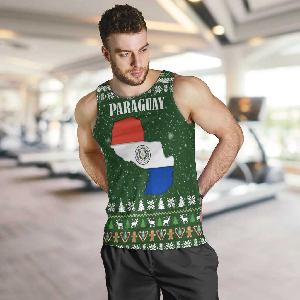 Paraguay Christmas Men Tank Top with Green Festive Pattern, Map and Flag Motif, and Santa Illustration - Wonder Print Shop