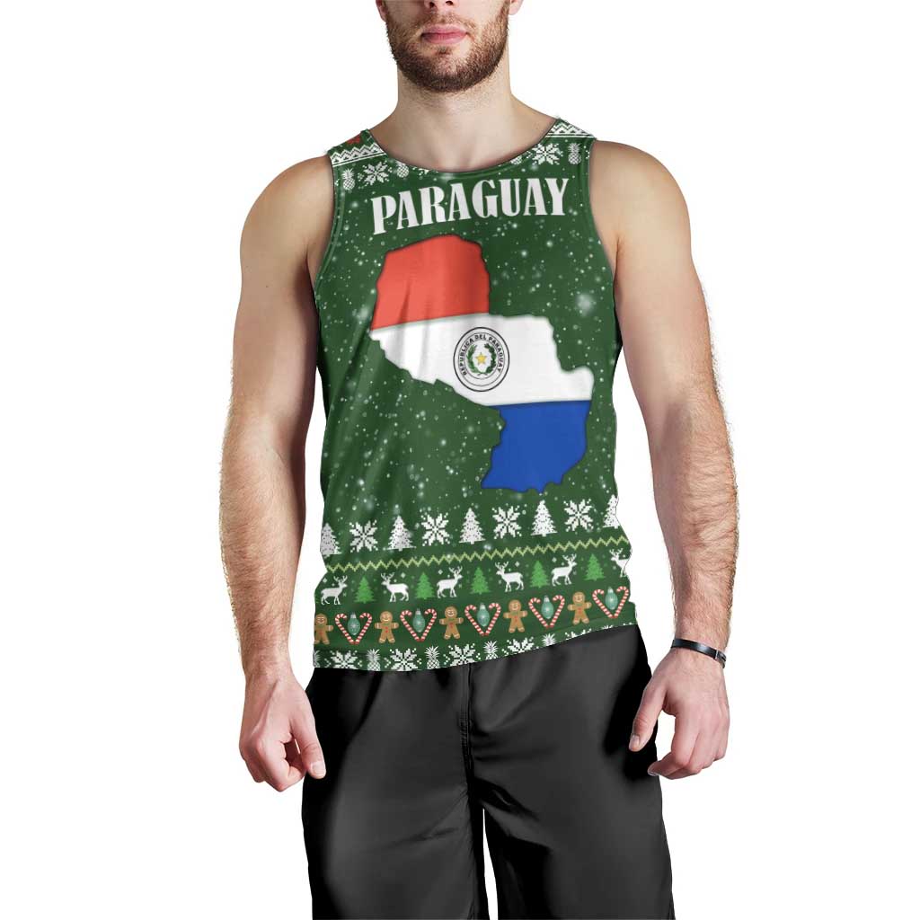 Paraguay Christmas Men Tank Top with Green Festive Pattern, Map and Flag Motif, and Santa Illustration - Wonder Print Shop