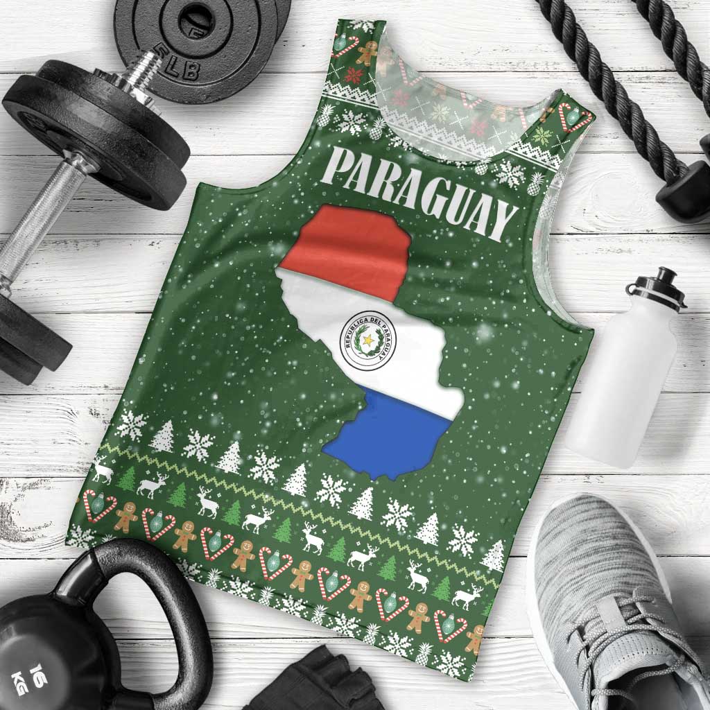 Paraguay Christmas Men Tank Top with Green Festive Pattern, Map and Flag Motif, and Santa Illustration - Wonder Print Shop