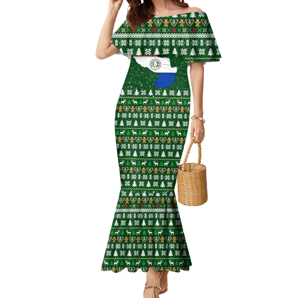 Paraguay Christmas Mermaid Dress with Green Festive Pattern, Map and Flag Motif, and Santa Illustration - Wonder Print Shop