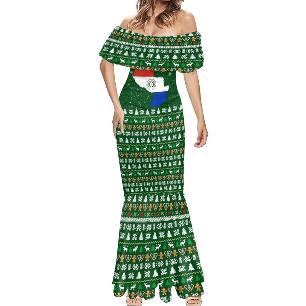 Paraguay Christmas Mermaid Dress with Green Festive Pattern, Map and Flag Motif, and Santa Illustration - Wonder Print Shop