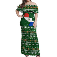 Paraguay Christmas Off Shoulder Maxi Dress with Green Festive Pattern, Map and Flag Motif, and Santa Illustration - Wonder Print Shop
