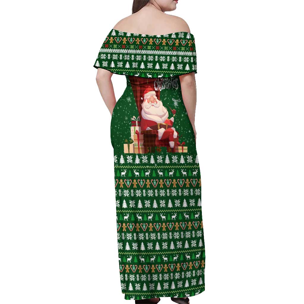 Paraguay Christmas Off Shoulder Maxi Dress with Green Festive Pattern, Map and Flag Motif, and Santa Illustration - Wonder Print Shop