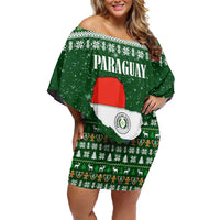Paraguay Christmas Off Shoulder Short Dress with Green Festive Pattern, Map and Flag Motif, and Santa Illustration - Wonder Print Shop