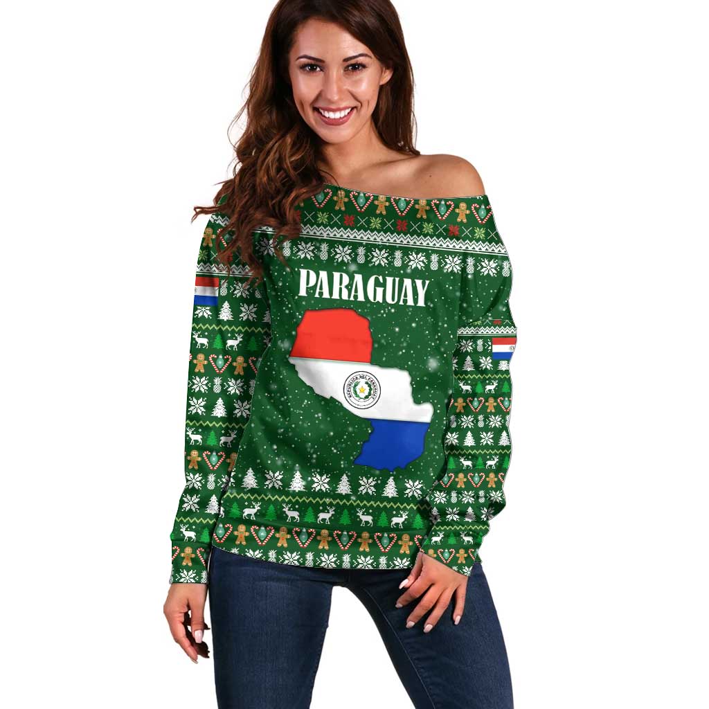 Paraguay Christmas Off Shoulder Sweater with Green Festive Pattern, Map and Flag Motif, and Santa Illustration - Wonder Print Shop