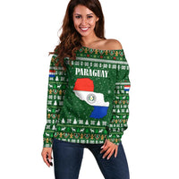 Paraguay Christmas Off Shoulder Sweater with Green Festive Pattern, Map and Flag Motif, and Santa Illustration - Wonder Print Shop