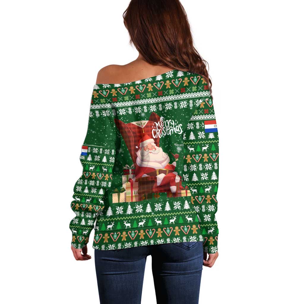 Paraguay Christmas Off Shoulder Sweater with Green Festive Pattern, Map and Flag Motif, and Santa Illustration - Wonder Print Shop