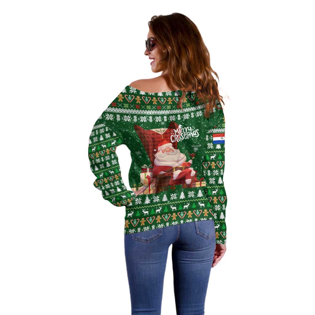 Paraguay Christmas Off Shoulder Sweater with Green Festive Pattern, Map and Flag Motif, and Santa Illustration - Wonder Print Shop