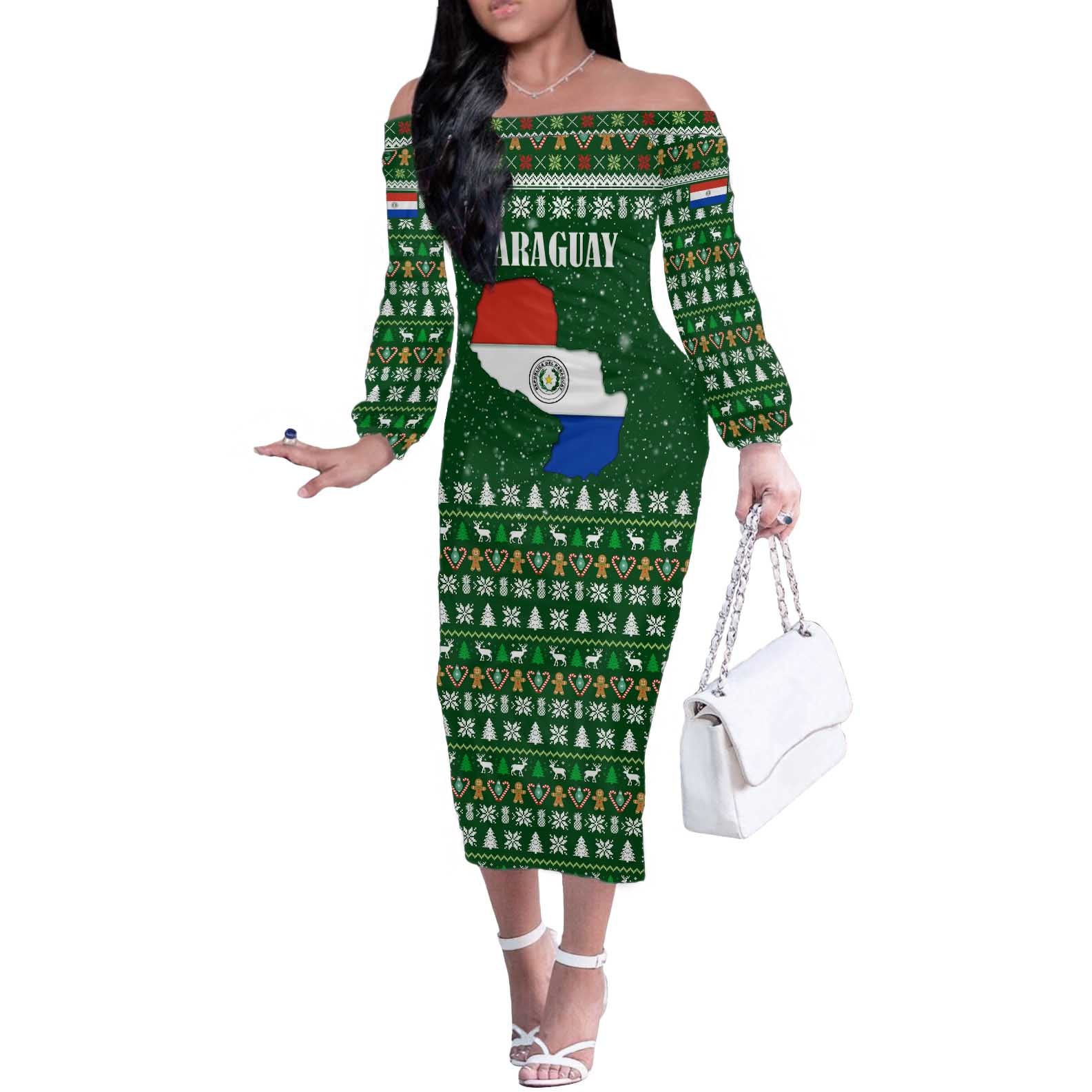 Paraguay Christmas Off The Shoulder Long Sleeve Dress with Green Festive Pattern, Map and Flag Motif, and Santa Illustration - Wonder Print Shop