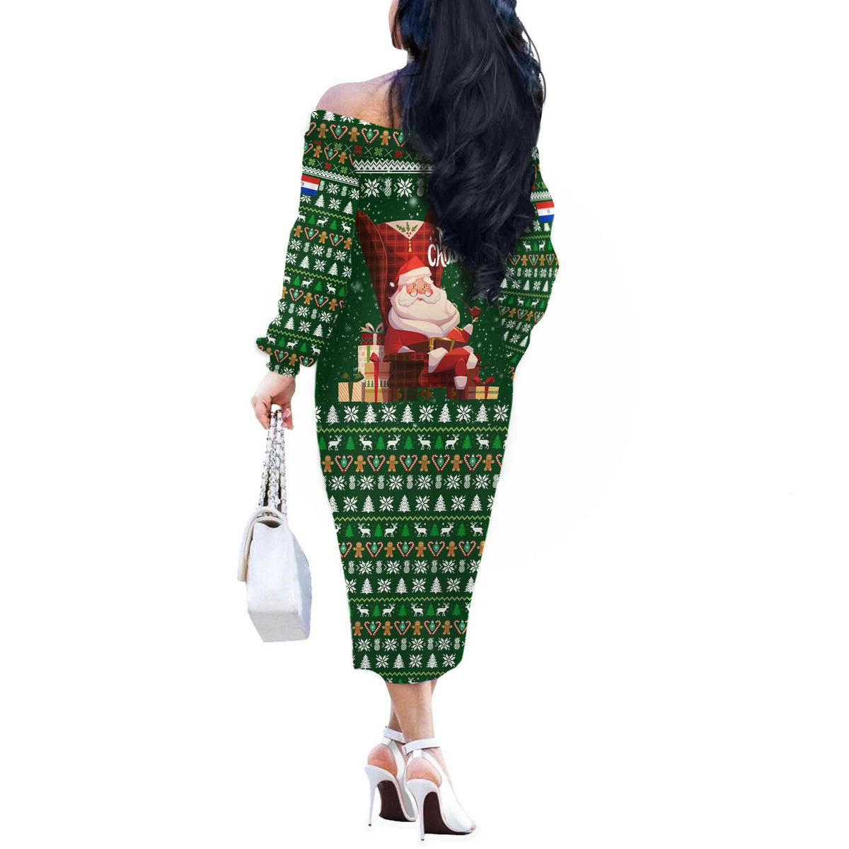 Paraguay Christmas Off The Shoulder Long Sleeve Dress with Green Festive Pattern, Map and Flag Motif, and Santa Illustration - Wonder Print Shop