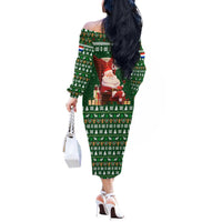 Paraguay Christmas Off The Shoulder Long Sleeve Dress with Green Festive Pattern, Map and Flag Motif, and Santa Illustration - Wonder Print Shop