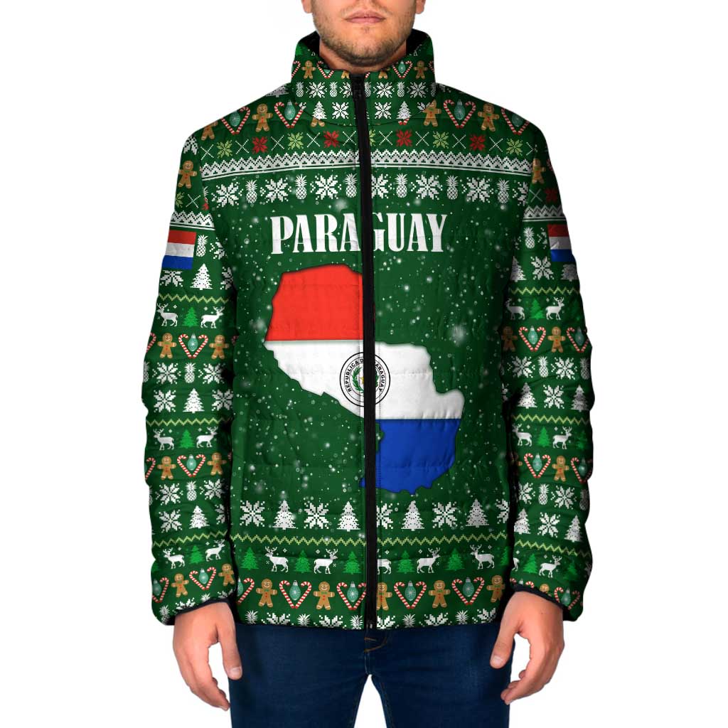 Paraguay Christmas Padded Jacket with Green Festive Pattern, Map and Flag Motif, and Santa Illustration - Wonder Print Shop