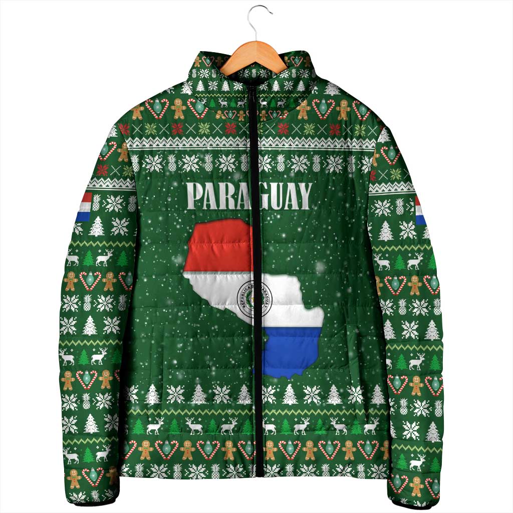 Paraguay Christmas Padded Jacket with Green Festive Pattern, Map and Flag Motif, and Santa Illustration - Wonder Print Shop
