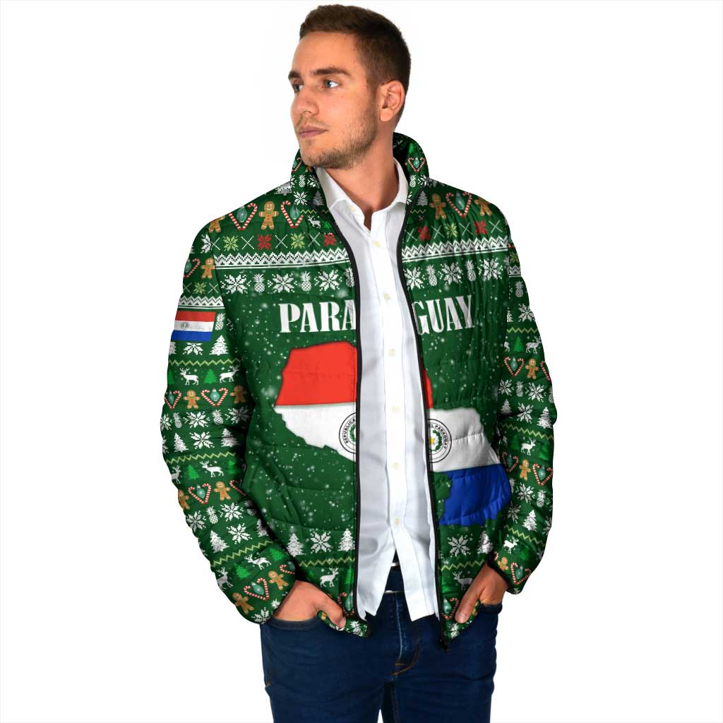 Paraguay Christmas Padded Jacket with Green Festive Pattern, Map and Flag Motif, and Santa Illustration - Wonder Print Shop