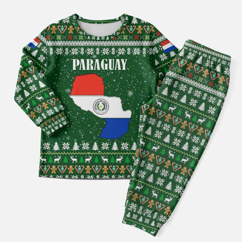 Paraguay Christmas Pajama Set with Green Festive Pattern, Map and Flag Motif, and Santa Illustration - Wonder Print Shop