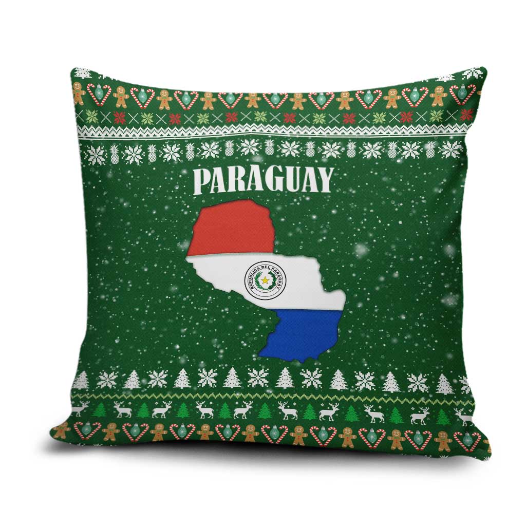 Paraguay Christmas Pillow Cover with Green Festive Pattern, Map and Flag Motif, and Santa Illustration - Wonder Print Shop