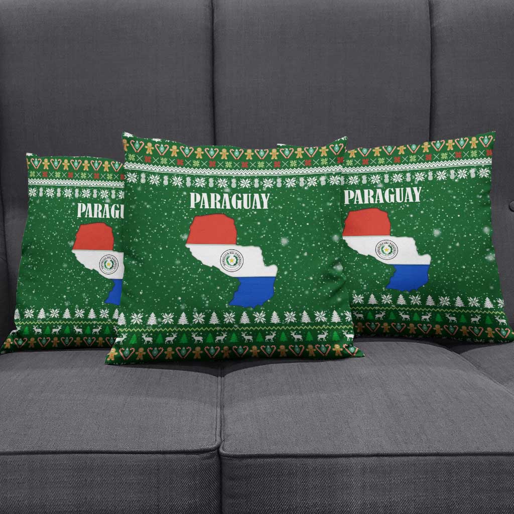 Paraguay Christmas Pillow Cover with Green Festive Pattern, Map and Flag Motif, and Santa Illustration - Wonder Print Shop