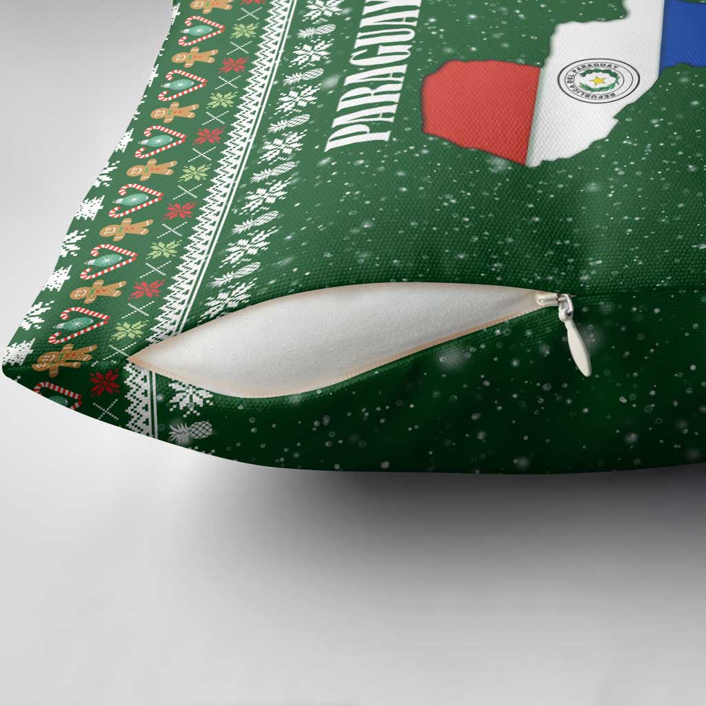 Paraguay Christmas Pillow Cover with Green Festive Pattern, Map and Flag Motif, and Santa Illustration - Wonder Print Shop