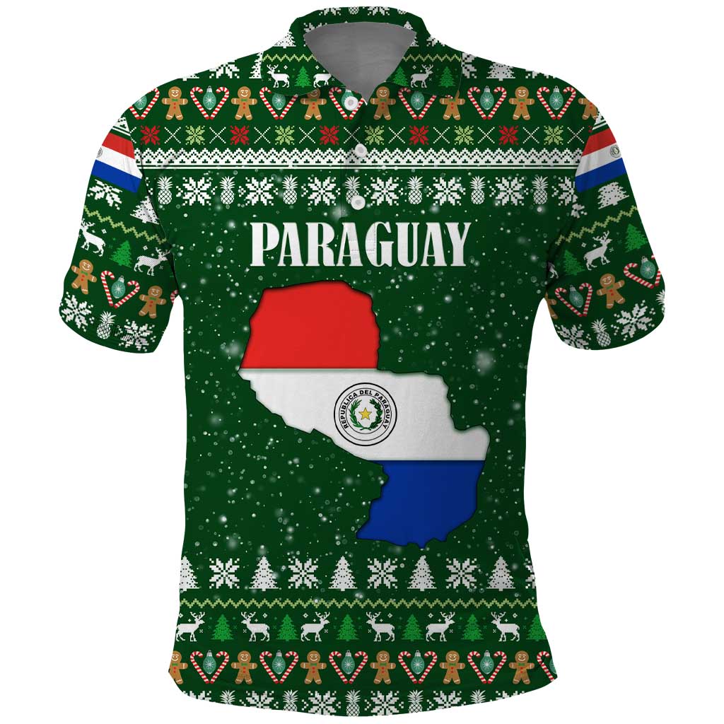 Paraguay Christmas Polo Shirt with Green Festive Pattern, Map and Flag Motif, and Santa Illustration - Wonder Print Shop