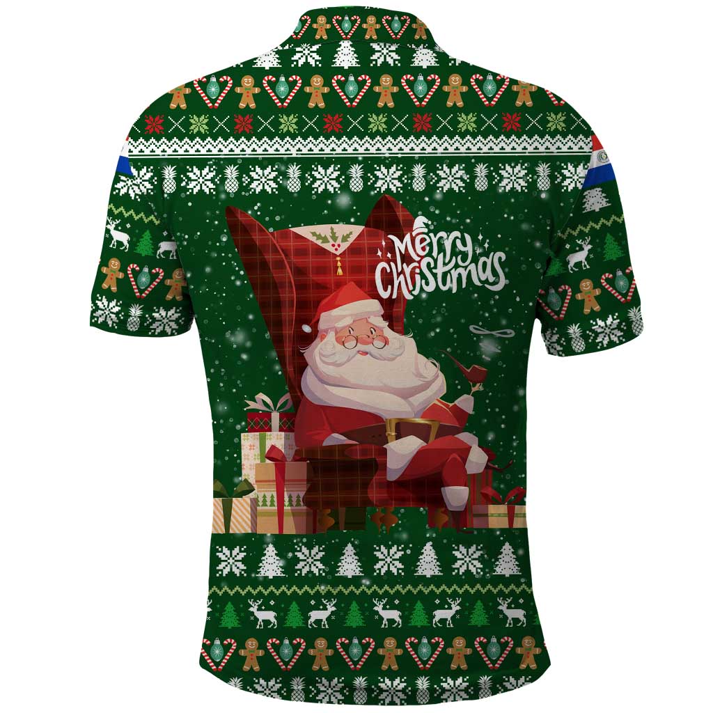 Paraguay Christmas Polo Shirt with Green Festive Pattern, Map and Flag Motif, and Santa Illustration - Wonder Print Shop