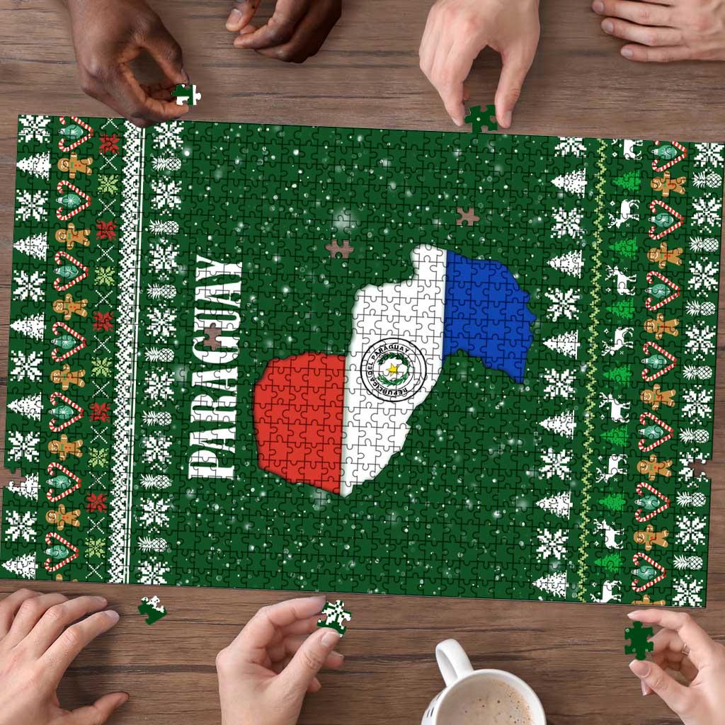 Paraguay Christmas Puzzle with Green Festive Pattern, Map and Flag Motif, and Santa Illustration - Wonder Print Shop