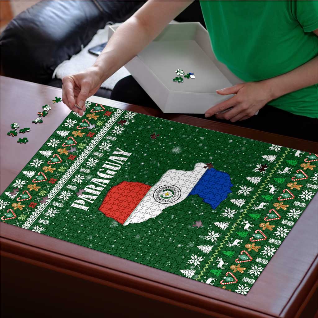 Paraguay Christmas Puzzle with Green Festive Pattern, Map and Flag Motif, and Santa Illustration - Wonder Print Shop
