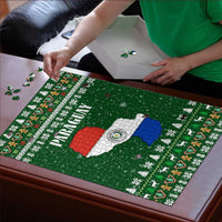Paraguay Christmas Puzzle with Green Festive Pattern, Map and Flag Motif, and Santa Illustration - Wonder Print Shop