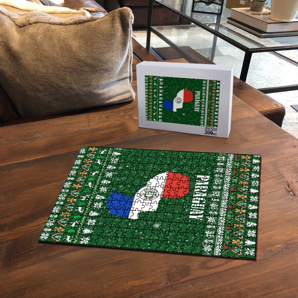 Paraguay Christmas Puzzle with Green Festive Pattern, Map and Flag Motif, and Santa Illustration - Wonder Print Shop