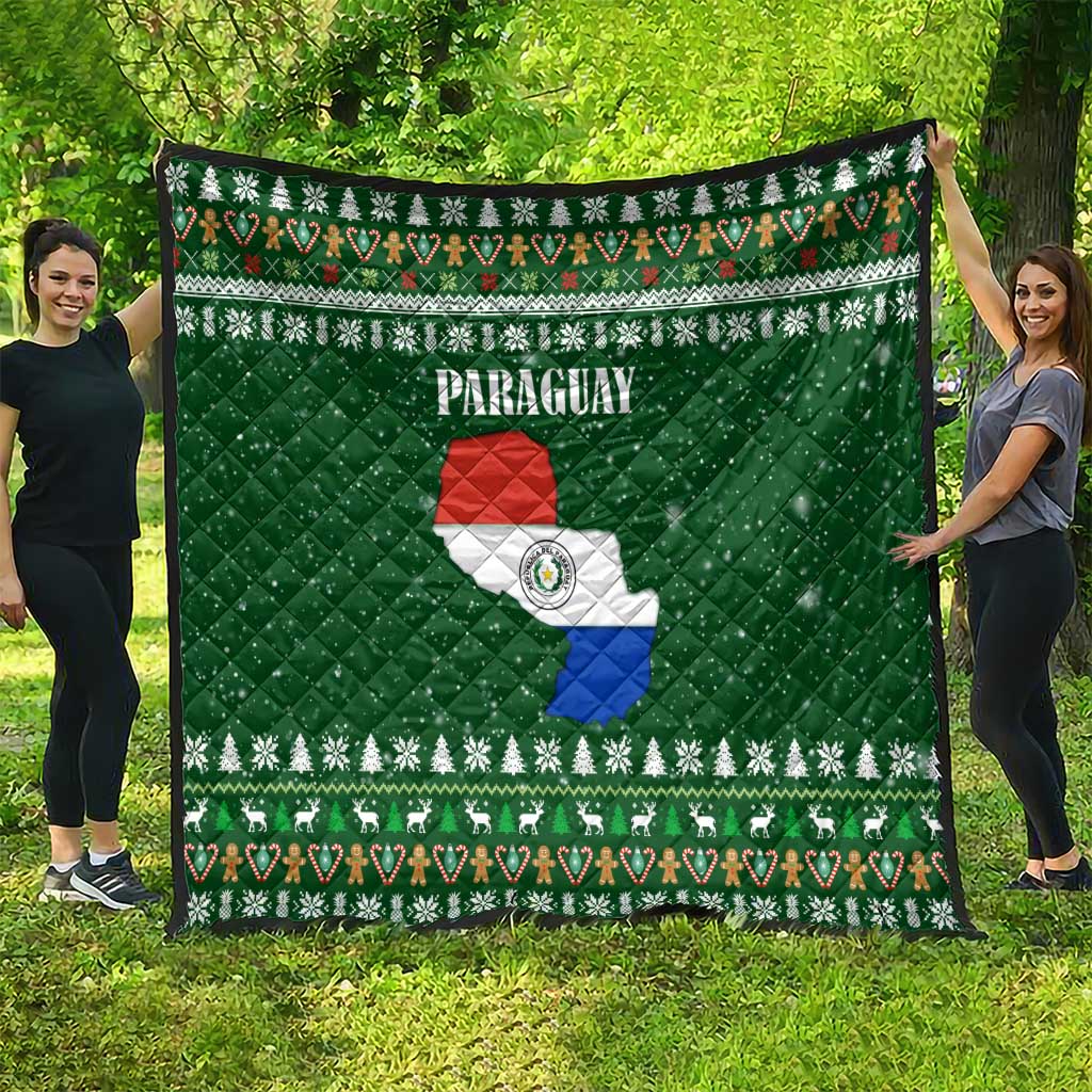 Paraguay Christmas Quilt with Green Festive Pattern, Map and Flag Motif, and Santa Illustration - Wonder Print Shop
