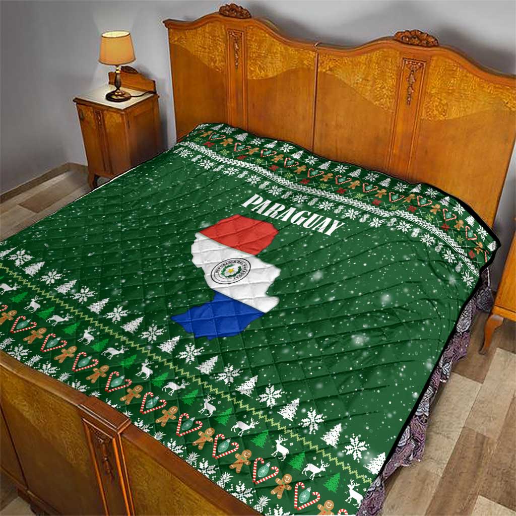 Paraguay Christmas Quilt with Green Festive Pattern, Map and Flag Motif, and Santa Illustration - Wonder Print Shop