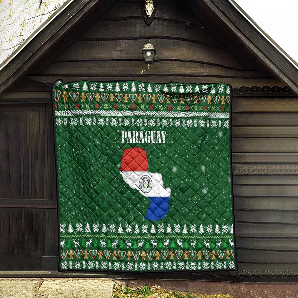 Paraguay Christmas Quilt with Green Festive Pattern, Map and Flag Motif, and Santa Illustration - Wonder Print Shop