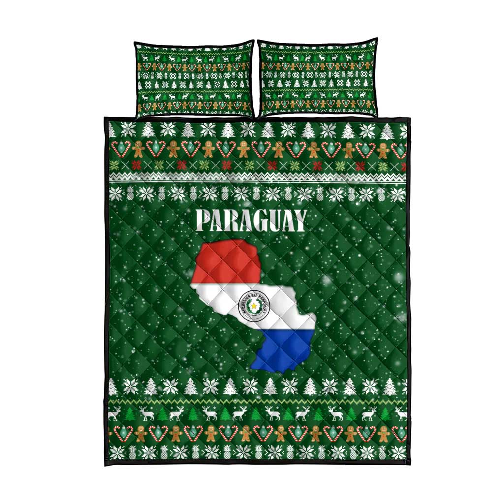 Paraguay Christmas Quilt Bed Set with Green Festive Pattern, Map and Flag Motif, and Santa Illustration - Wonder Print Shop