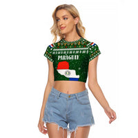 Paraguay Christmas Raglan Cropped T Shirt with Green Festive Pattern, Map and Flag Motif, and Santa Illustration - Wonder Print Shop