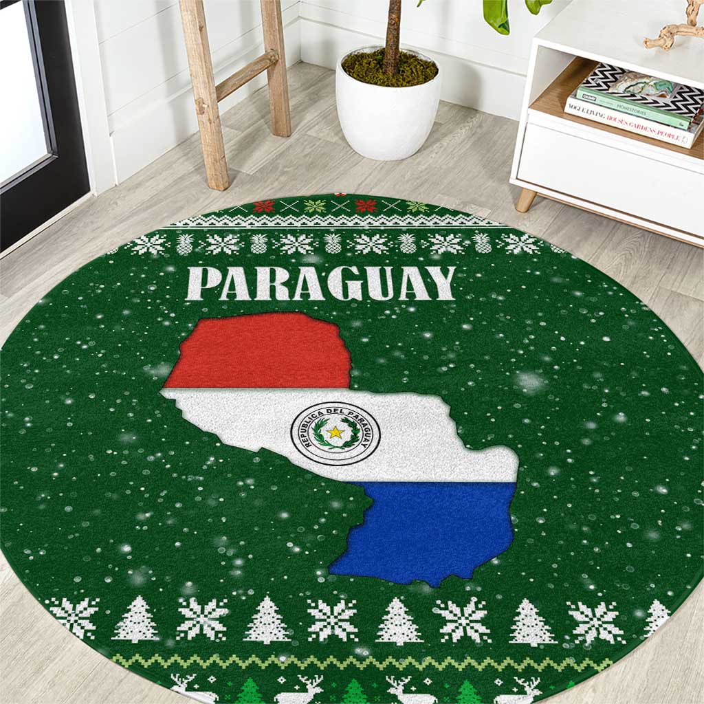 Paraguay Christmas Round Carpet with Green Festive Pattern, Map and Flag Motif, and Santa Illustration - Wonder Print Shop