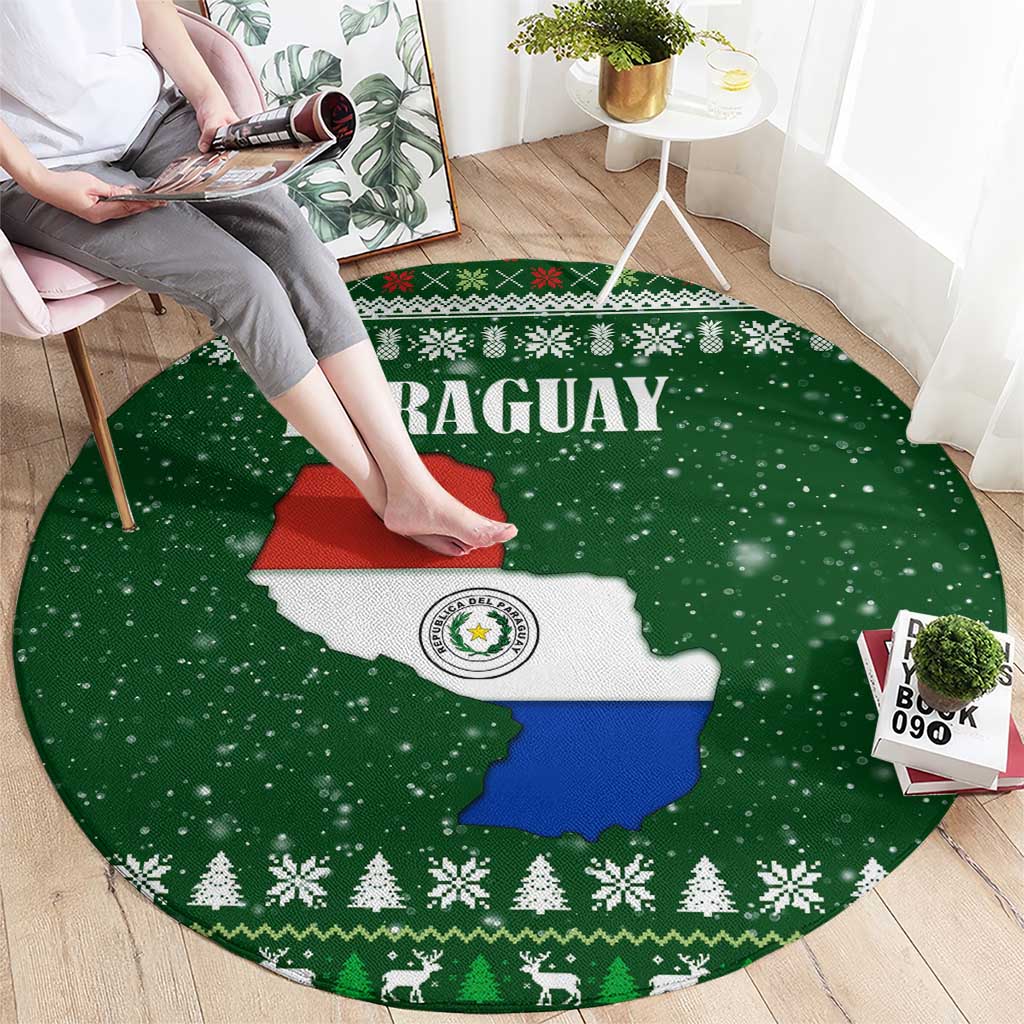 Paraguay Christmas Round Carpet with Green Festive Pattern, Map and Flag Motif, and Santa Illustration - Wonder Print Shop